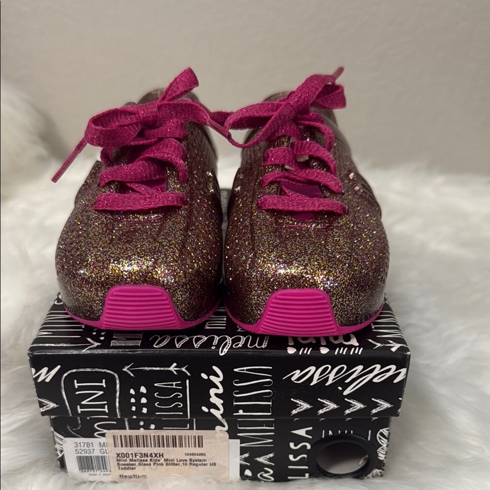 New!‎ Mini Melissa Love Sneaker Glass Pink Rainbow Glitter Sz 10